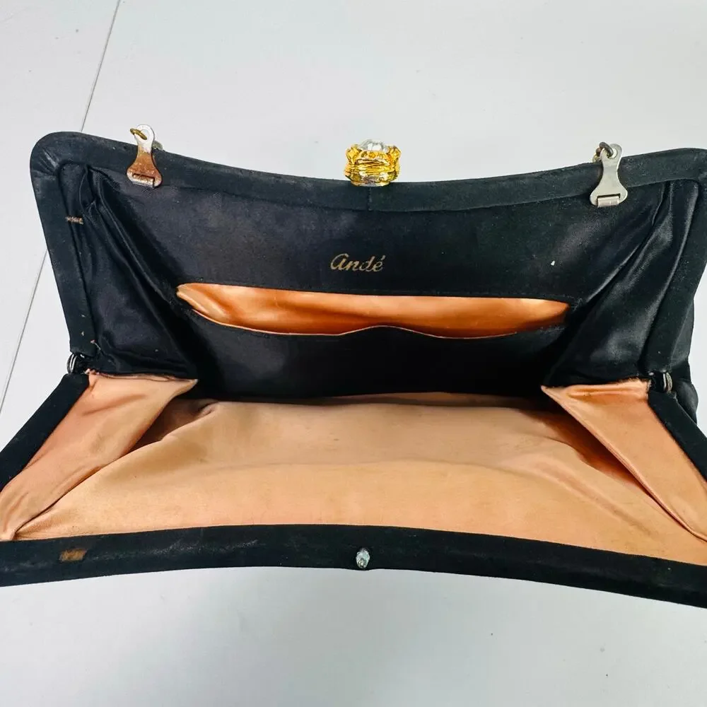 Vintage Andre Clasp Clutch Handbag Purse 1960s Black Gold Rhinestone